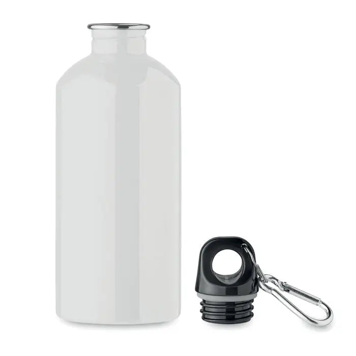 Sticla cu un singur perete de 500 ml din oțel inoxidabil alb cu capac negru și carabinieră argintie pentru prindere usoară