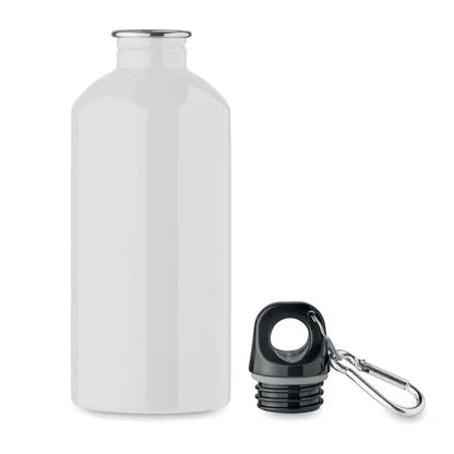 Sticla cu un singur perete de 500 ml din oțel inoxidabil alb cu capac negru și carabinieră argintie pentru prindere usoară