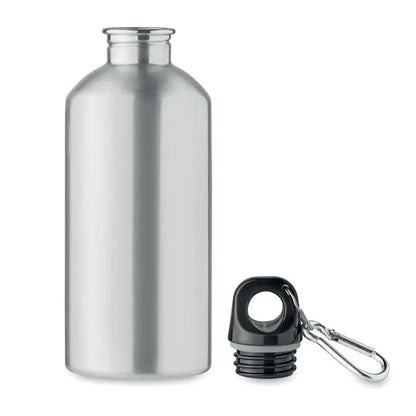 Sticla cu un singur perete de 500 ml din aluminiu argintiu cu capac negru si carabiniera pentru transport facil