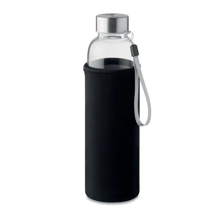Sticla cu un singur perete de 500 ml transparenta cu capac metalic argintiu si husă neopren neagra cu bretea gri