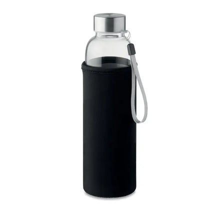 Sticla cu un singur perete de 500 ml transparenta cu capac metalic argintiu si husă neopren neagra cu bretea gri