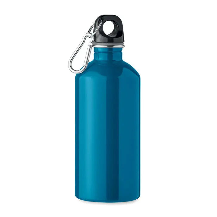 Sticla cu un singur perete de 500 ml albastru metalic cu capac negru si carabiniera argintie din metal