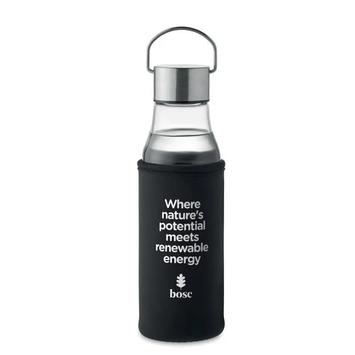 Neopren negru cu text alb si logo bose pentru sticla de sticla 500 ml transparenta cu capac metalic argintiu