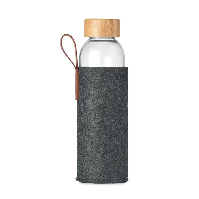 Sticlă de sticlă 500 ml apărată cu capac de bambus și husă gri închis din fetru cu buclă de piele maro