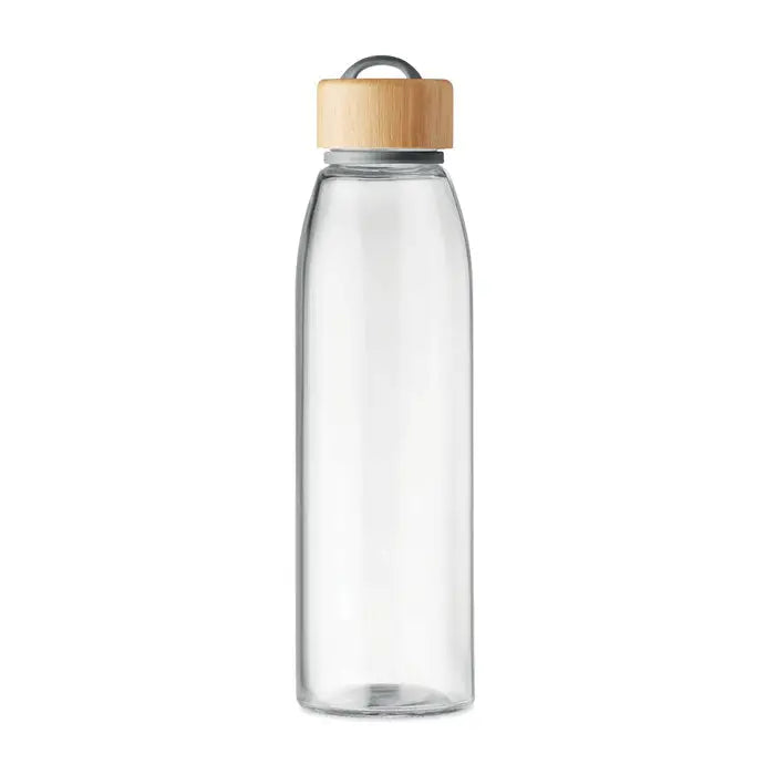 Sticla de sticla 500 ml transparenta cu capac din lemn deschis si maner metalic argintiu