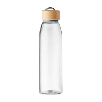 Sticla de sticla 500 ml transparenta cu capac din lemn deschis si maner metalic argintiu