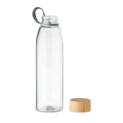 Sticla de sticla 500 ml cu capac din bambus finisat natural si mâner gri din plastic ideală pentru apă
