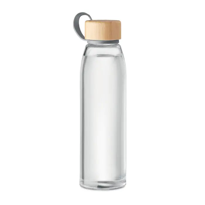 Sticlă de sticlă 500 ml transparentă cu capac din lemn deschis și mâner din silicon gri