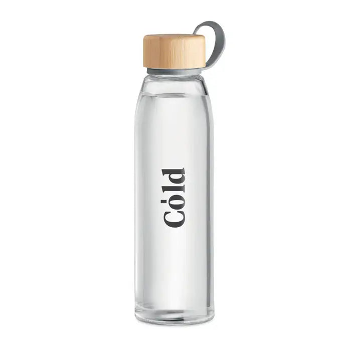 Sticla de sticla 500 ml transparenta cu capac din lemn deschis si maner metalic gri cu text vertical cold negru