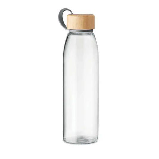 Sticlă de sticlă 500 ml transparentă cu capac din lemn deschis și mâner gri pentru apă