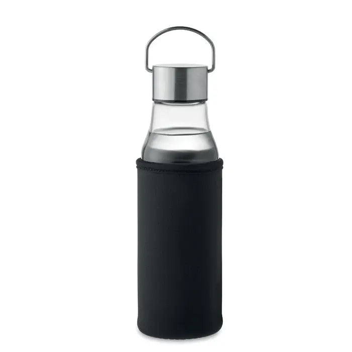 Sticla de sticla 500 ml cu capac metalic argintiu si maner, imbracata in husa neopren neagra
