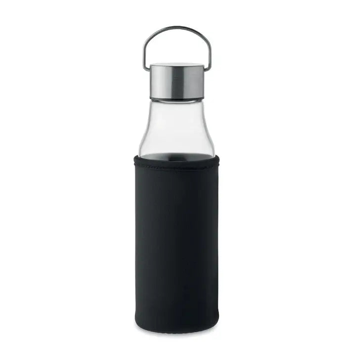 Sticlă de sticlă 500 ml transparentă cu capac metalic argintiu și husă neopren neagră
