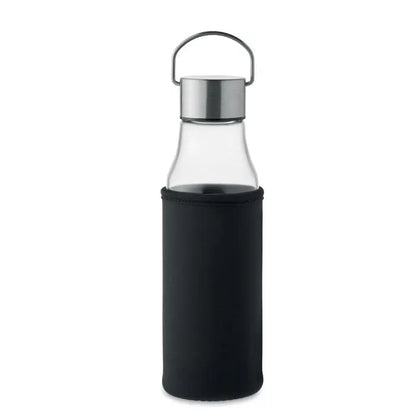Sticlă de sticlă 500 ml transparentă cu capac metalic argintiu și husă neopren neagră