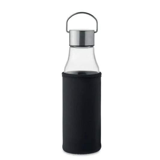 Sticlă de sticlă 500 ml transparentă cu capac metalic argintiu și husă neopren neagră
