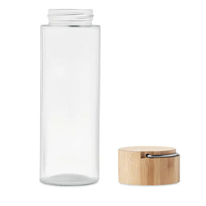 Sticla de sticla 500ml transparenta cu capac din bambus si inchidere metalica argintie pentru apa