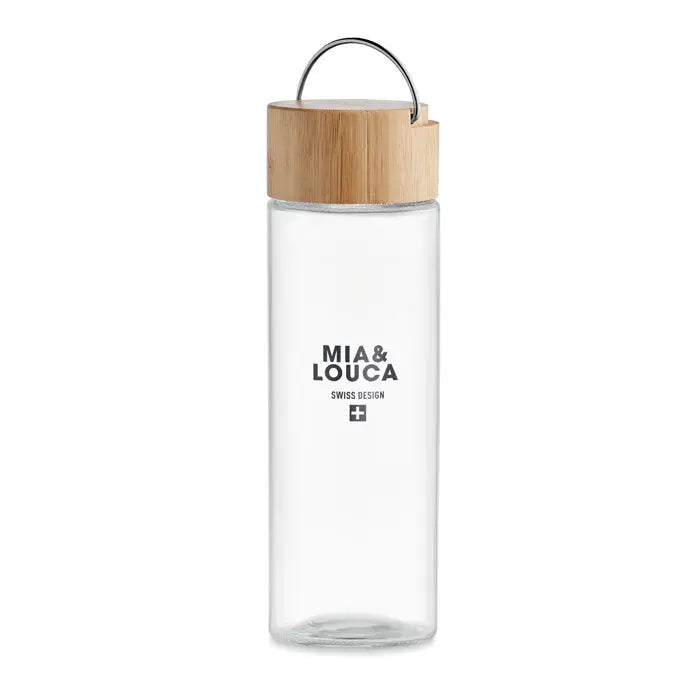 Sticla de sticla 500ml transparenta cu capac din bambus si maner metalic argintiu mia & louca swiss design