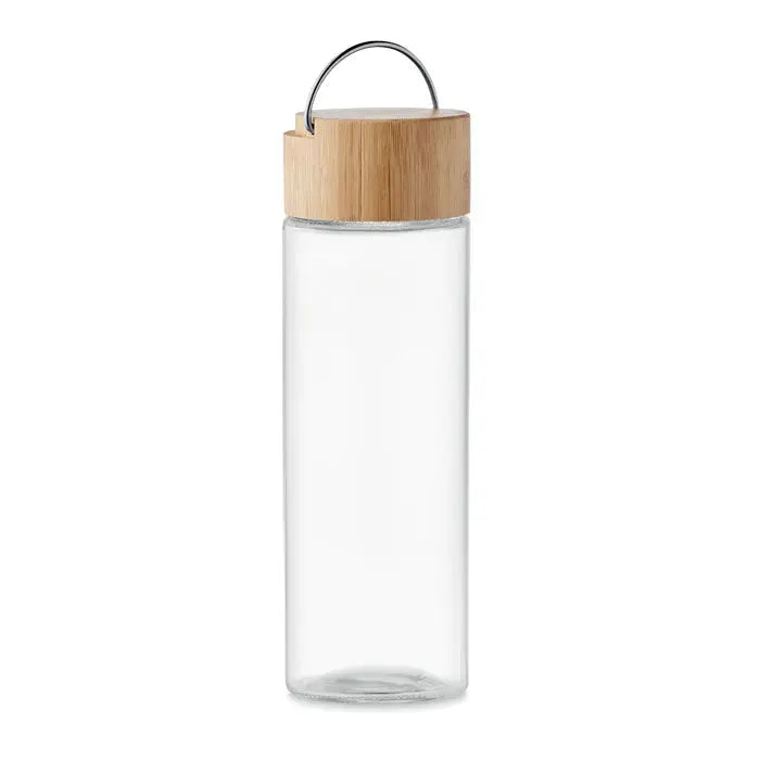 Sticlă de sticlă transparentă 500ml cu capac din bambus maro deschis și mâner metalic argintiu pentru apă