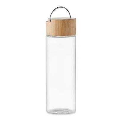 Sticlă de sticlă transparentă 500ml cu capac din bambus maro deschis și mâner metalic argintiu pentru apă