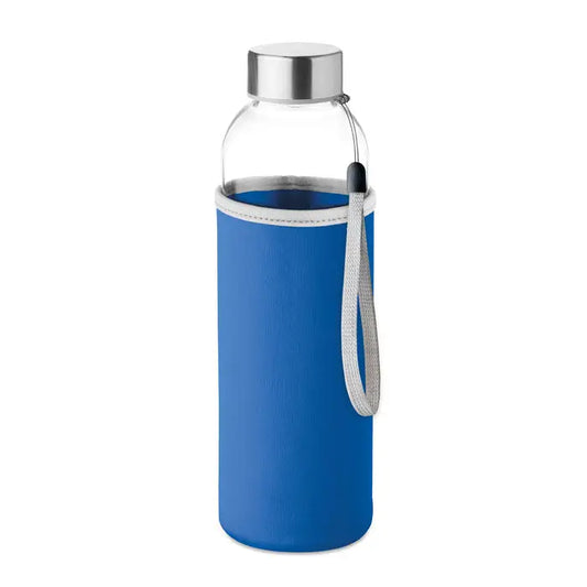 Albastru neopren husă cu cusături albe și curea gri pe sticlă de sticlă 500ml cu capac metalic argintiu