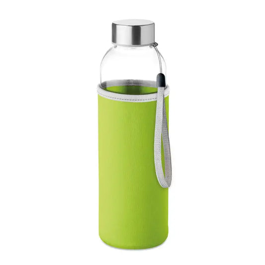 Sticla de sticla 500ml cu husa din neopren verde lime si capac metalic argintiu cu bretea gri impletita