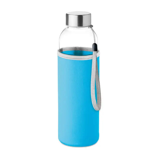 Sticla de sticlă 500ml cu capac metalic argintiu și mâner textil gri pentru transport facil