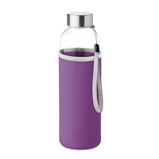 Sticlă de sticlă 500ml cu husă din silicon violet, capac metalic argintiu și curea gri din material textil