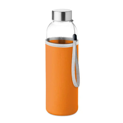 Sticlă de sticlă 500ml apă din sticlă cu înveliș din silicon portocaliu capac metalic argintiu și curea țesută gri