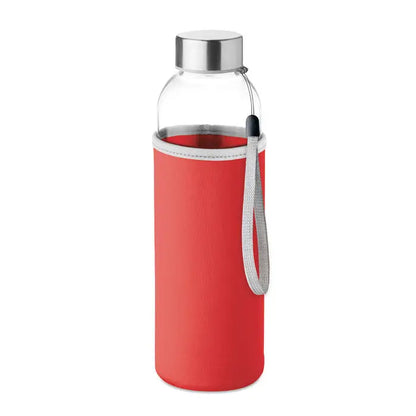 Sticla de sticla 500ml sticla din sticla invelita in silicon rosu cu capac metalic argintiu si breloc textil gri
