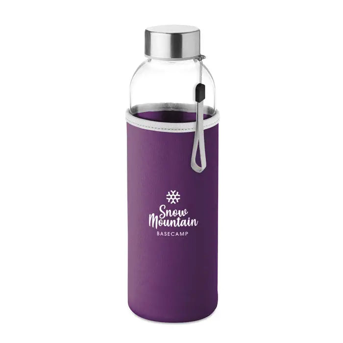 Sticla de sticla 500ml apa izotermica mov cu capac argintiu si husa mov cu logo snow mountain basecamp
