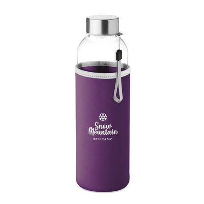 Sticla de sticla 500ml apa izotermica mov cu capac argintiu si husa mov cu logo snow mountain basecamp