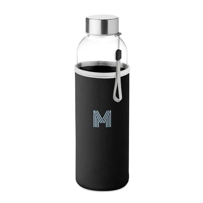 Sticlă de sticlă 500ml cu husă neoprentă neagră și capac argintiu cu logo alb brodat m
