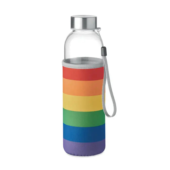 Sticla de sticla 500ml transparenta cu capac argintiu si husa neopren colorata cu dungi curcubeu