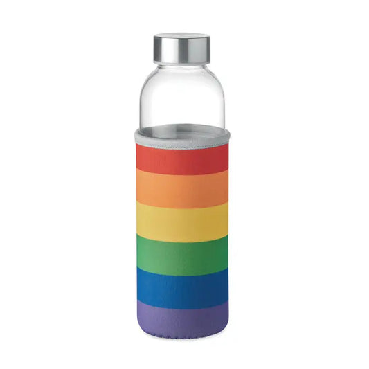 Sticlă de sticlă 500ml transparentă cu capac metalic argintiu și husă neopren curcubeu