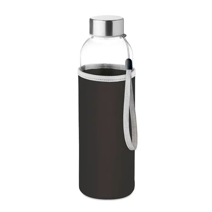 Sticla de sticla 500ml transparenta cu capac metalic argintiu si husa neopren neagra cu maner textil gri