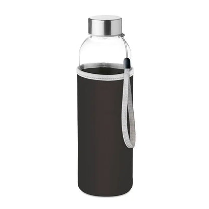 Sticla de sticla 500ml transparenta cu capac metalic argintiu si husa neopren neagra cu maner textil gri