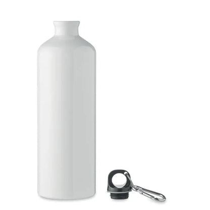 Sticla de aluminiu 1l alba cu capac negru cu filet si carabiniera argintie pentru hidratare usoara