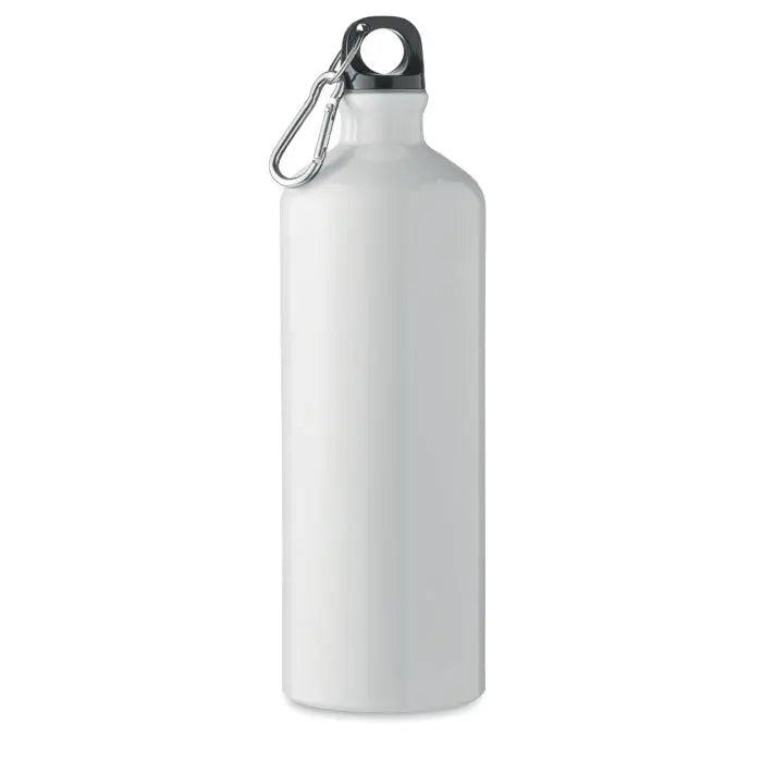 Sticla de aluminiu 1l albă cu capac negru și carabinieră argintie pentru apă reutilizabilă