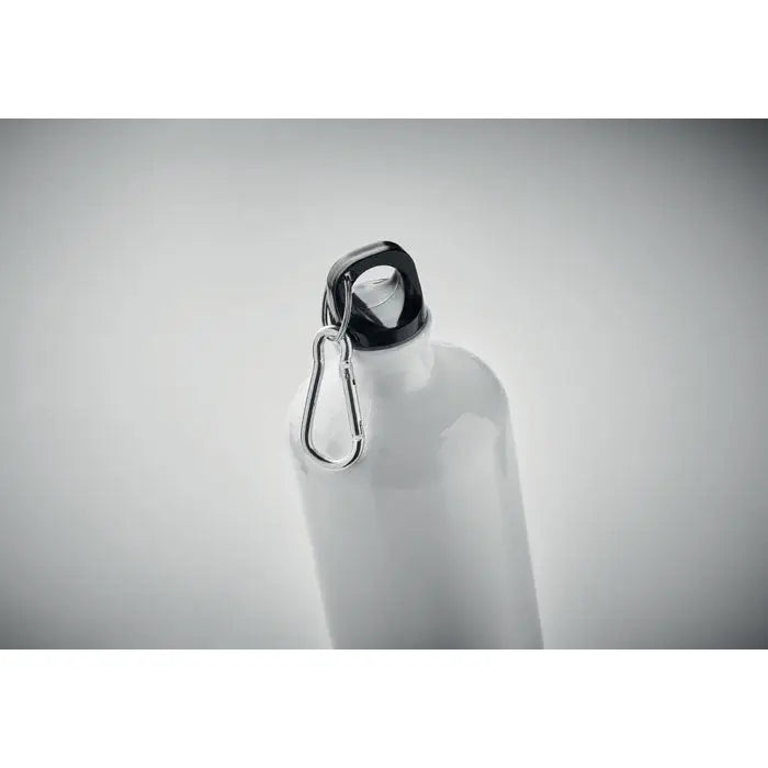 Sticla de aluminiu 1l albă cu capac negru cu filet și carabinieră argintie atașată pe lateral