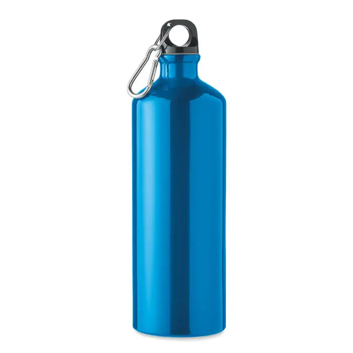 Sticla de aluminiu 1l albastru metalic cu capac negru si carabiniera argintie pentru utilizare practica