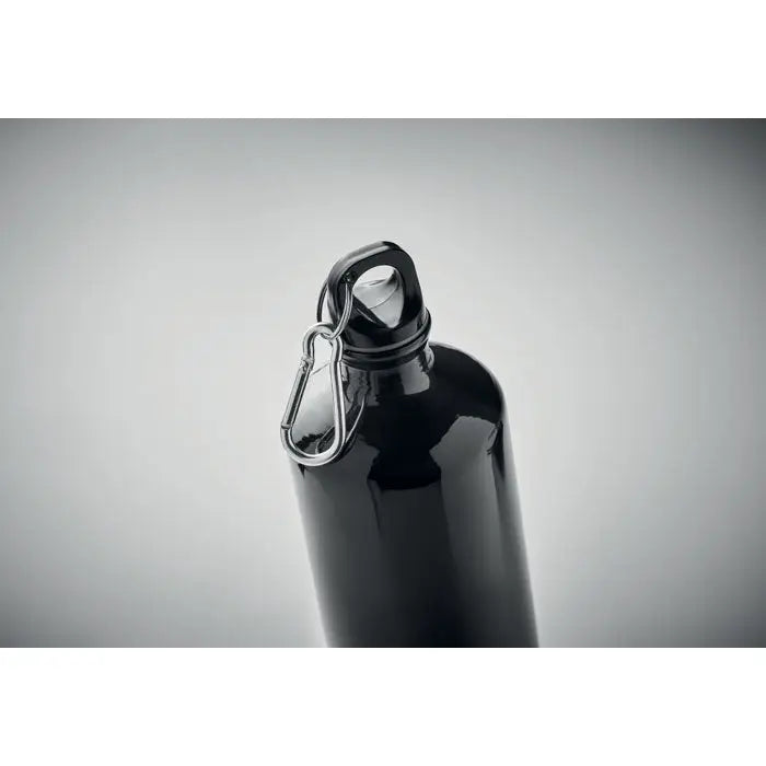Sticla de aluminiu 1l neagra metalica cu clip carabinier argintiu pe capac pentru hidratare portabila