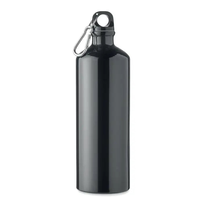 Sticla de aluminiu 1l neagra cu capac si carabiniera argintie pentru hidratare usoara si transport convenabil