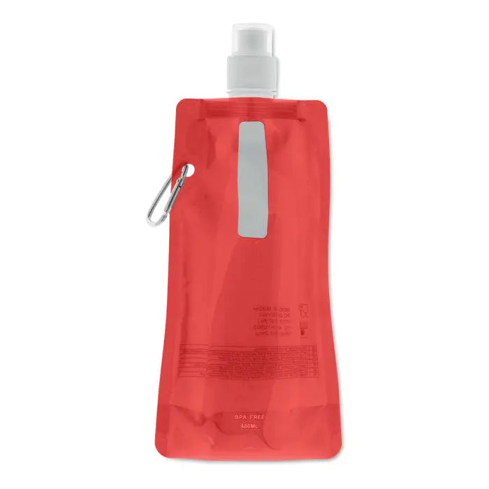 Sticla de apa pliabila rosie cu duza alba spray si carabina argintie pentru transport facil