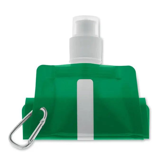 Sticla de apa pliabila verde cu pompa alba si carabiniera argintie pentru sport si calatorii