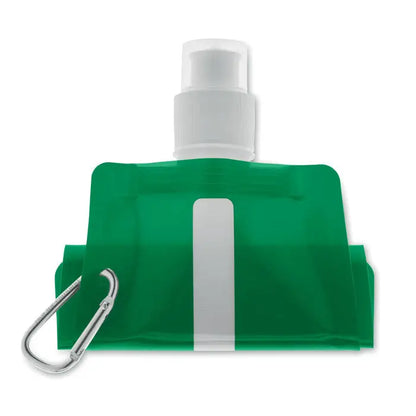 Sticla de apa pliabila verde cu pompa alba si carabiniera argintie pentru sport si calatorii
