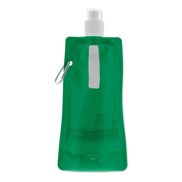 Sticla de apa pliabila verde cu pompa alba si carabina argintie pentru transport usor