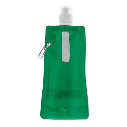 Sticla de apa pliabila verde cu pompa alba si carabina argintie pentru transport usor