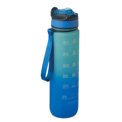 Sticla de apa sport rpet 1l albastru translucid cu capac negru si clar si marcaje pentru masurarea hidratarii