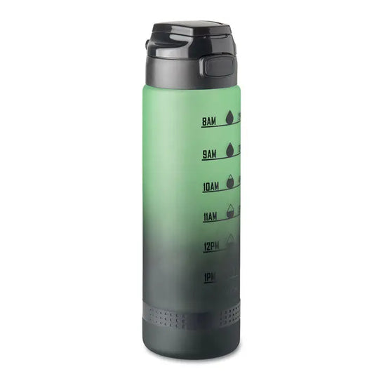 Sticla de apa sport rpet 1l verde cu negru cu capac flip si marcaje ore pentru hidratare