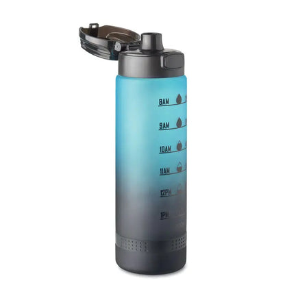 Sticla de apa sport rpet 1l albastru degrade cu capac negru si indicatoare orare de baut intre 8 si 13