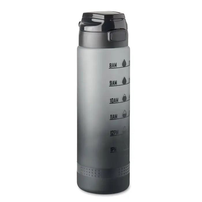 Sticla de apa sport rpet 1l gri translucid cu capac negru flip-top si marcaje orare pentru hidratare